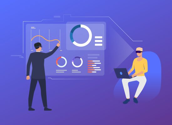 People analyzing financial charts in virtual interface. Future, VR, cyberspace concept. Vector illustration can be used for topics like business, technology, virtual reality