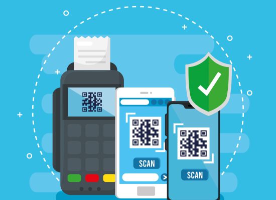 qr code inside smartphones dataphone and shield design of technology scan information business price communication barcode digital and data theme Vector illustration